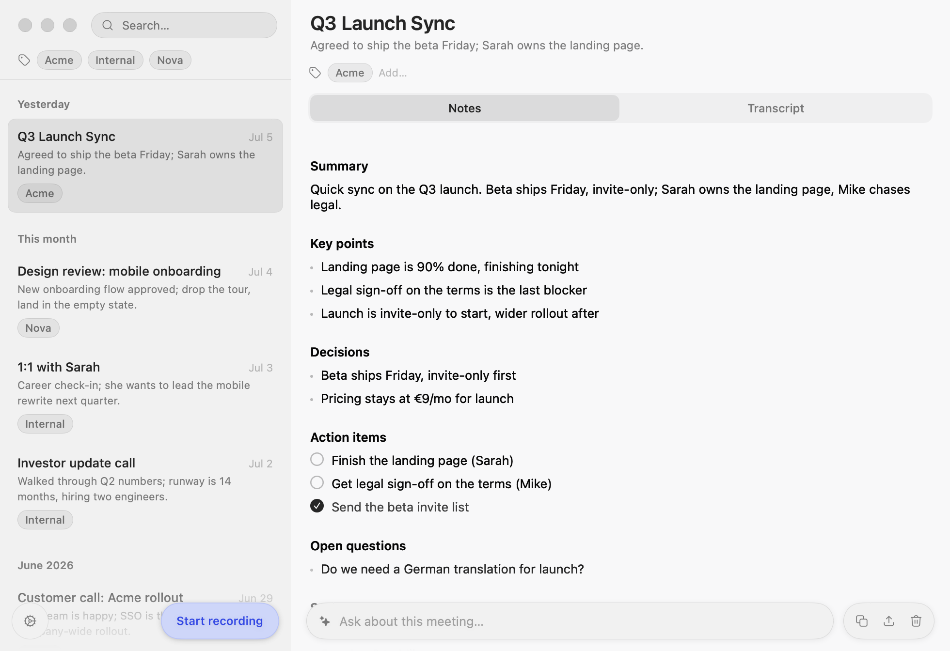 Aside app: a summarized meeting note with sidebar