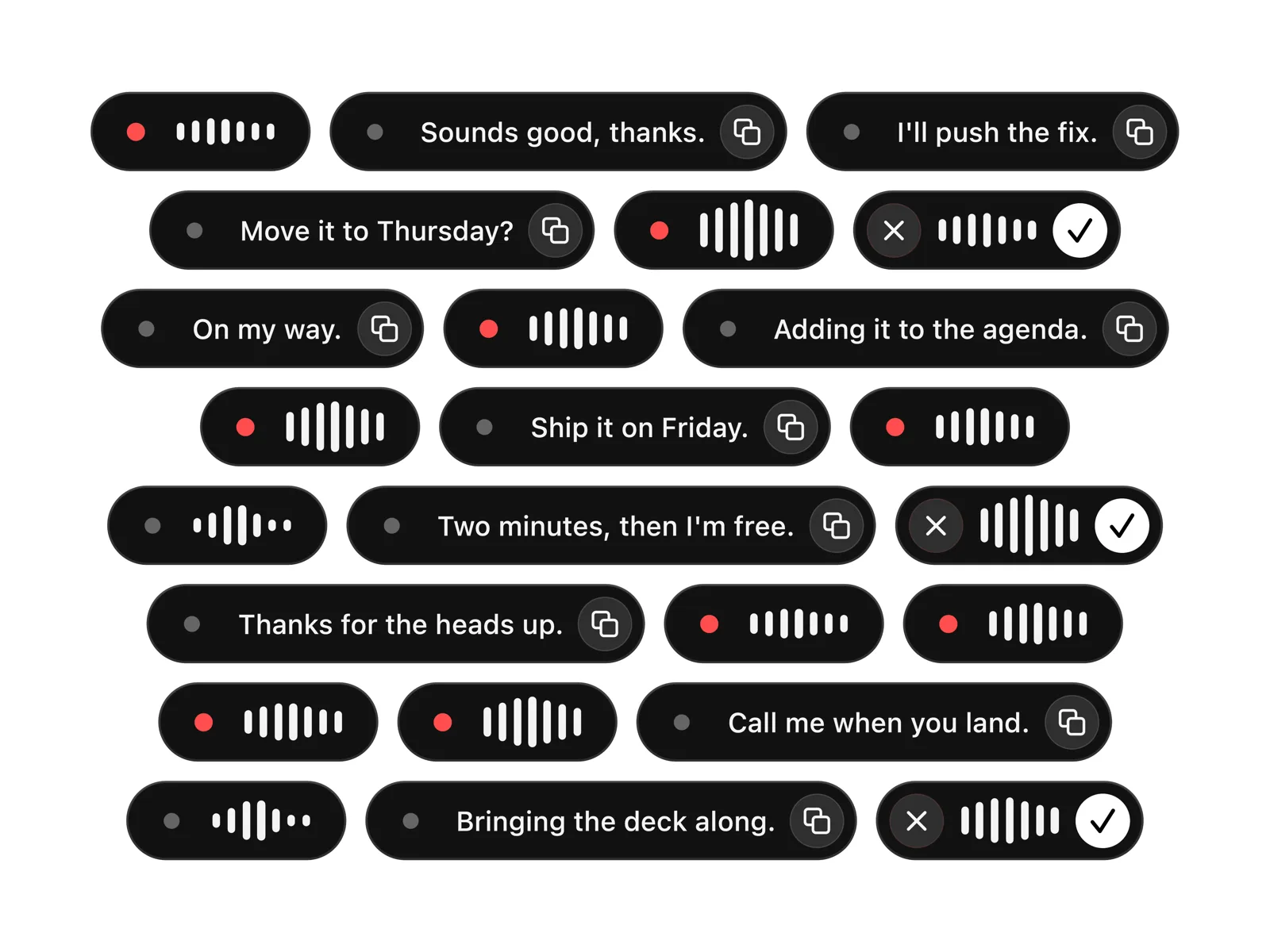 The Aside dictation pill, in each of its states