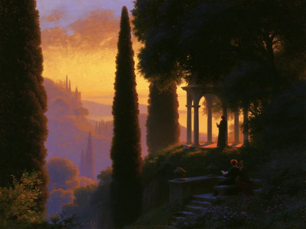 Evening rotunda: a Renaissance oil painting in the world Aside lives in.
