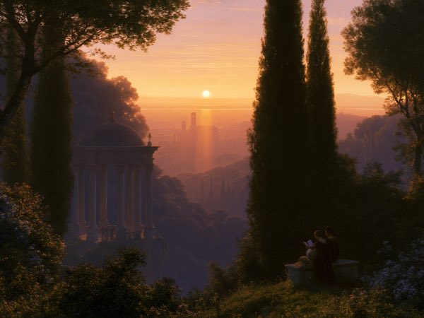 Distant city: a Renaissance oil painting in the world Aside lives in.