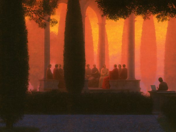 Crimson loggia: a Renaissance oil painting in the world Aside lives in.