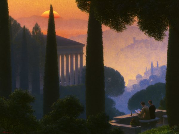 Sun behind the hill: a Renaissance oil painting in the world Aside lives in.