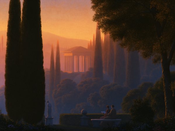 Temple in the valley: a Renaissance oil painting in the world Aside lives in.