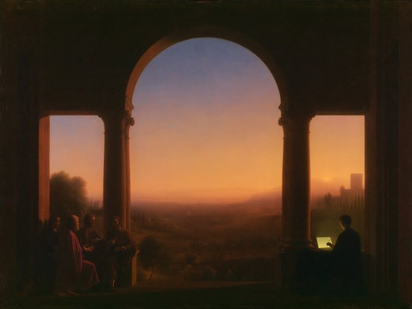 Dark arcade: a Renaissance oil painting in the world Aside lives in.