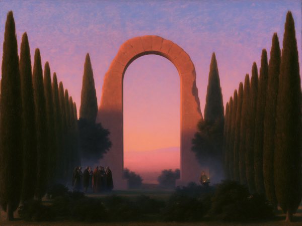 Cypress arch: a Renaissance oil painting in the world Aside lives in.
